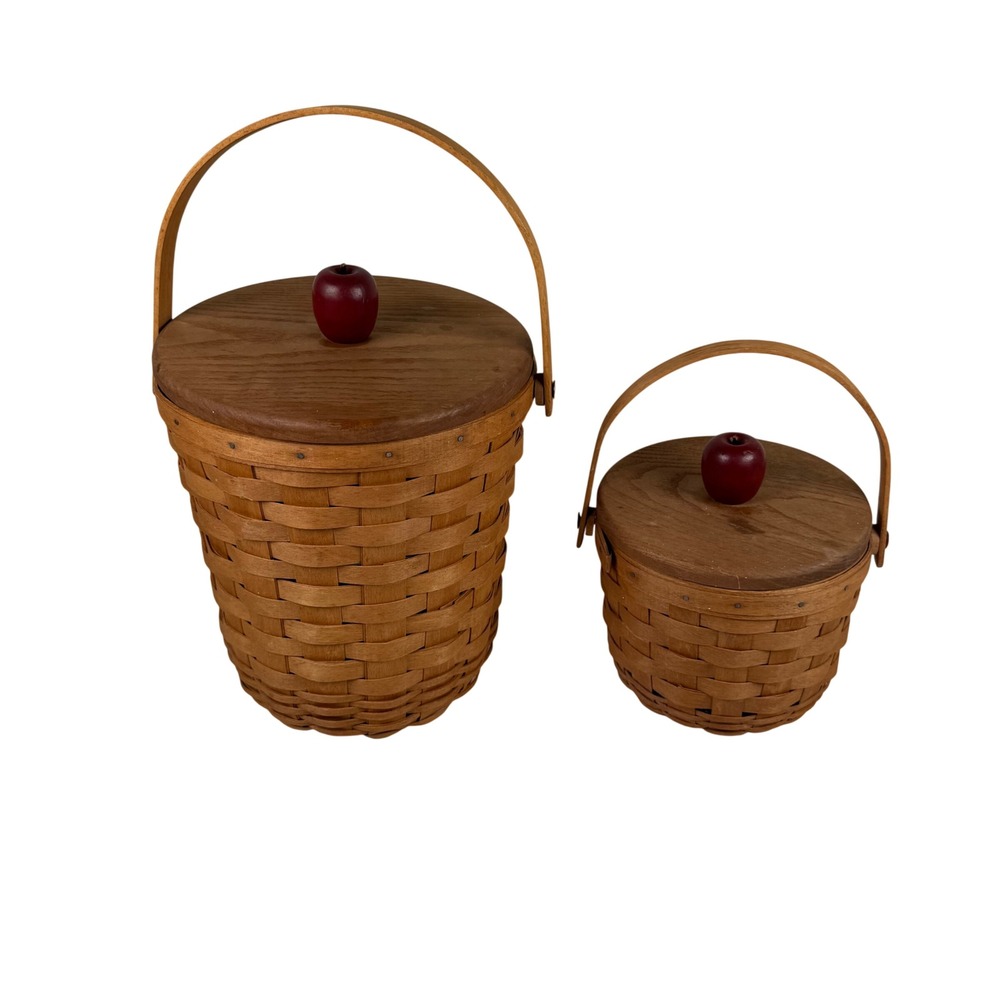 Vintage 1992 Longaberger Apple Fruit Basket Set of 2 Wooden Lids Plastic Liners
